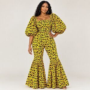 Handmade Ankara Wax Print African Jumpsuit Yellow Puff Sleeve Flared Hem Zip